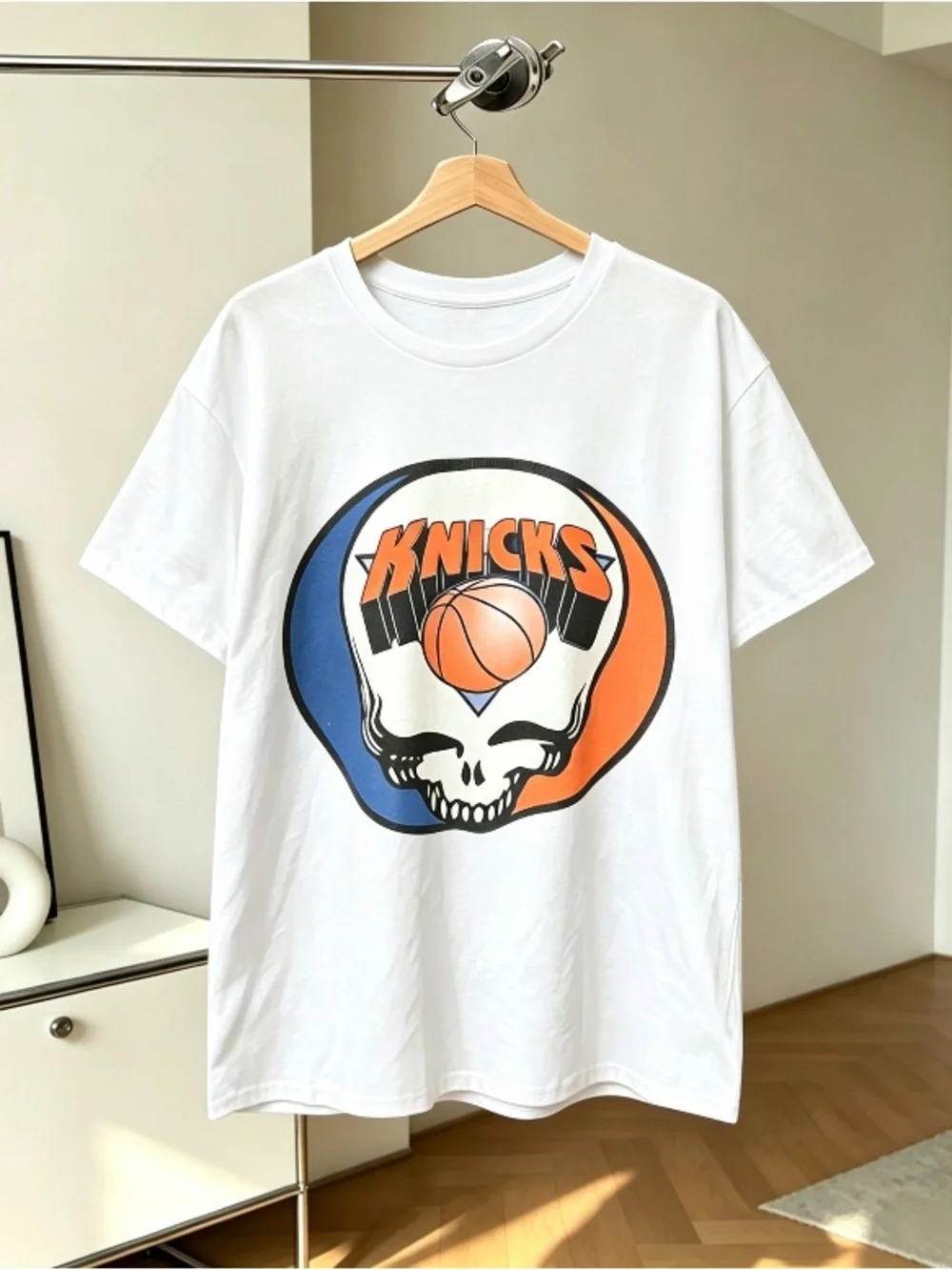 Vintage Knicks Skeleton Basketball Printed Black Short sleeved T-shirt Unisex